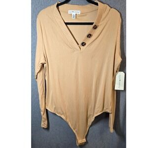 New Eye Candy Eyecandy Ribbed V-Neck Bodysuit Plus Size 3X XXX Tan Beige Long Sl